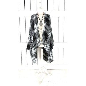 Black white plaid checker fringe blanket kimono cover up cardigan jacket one siz